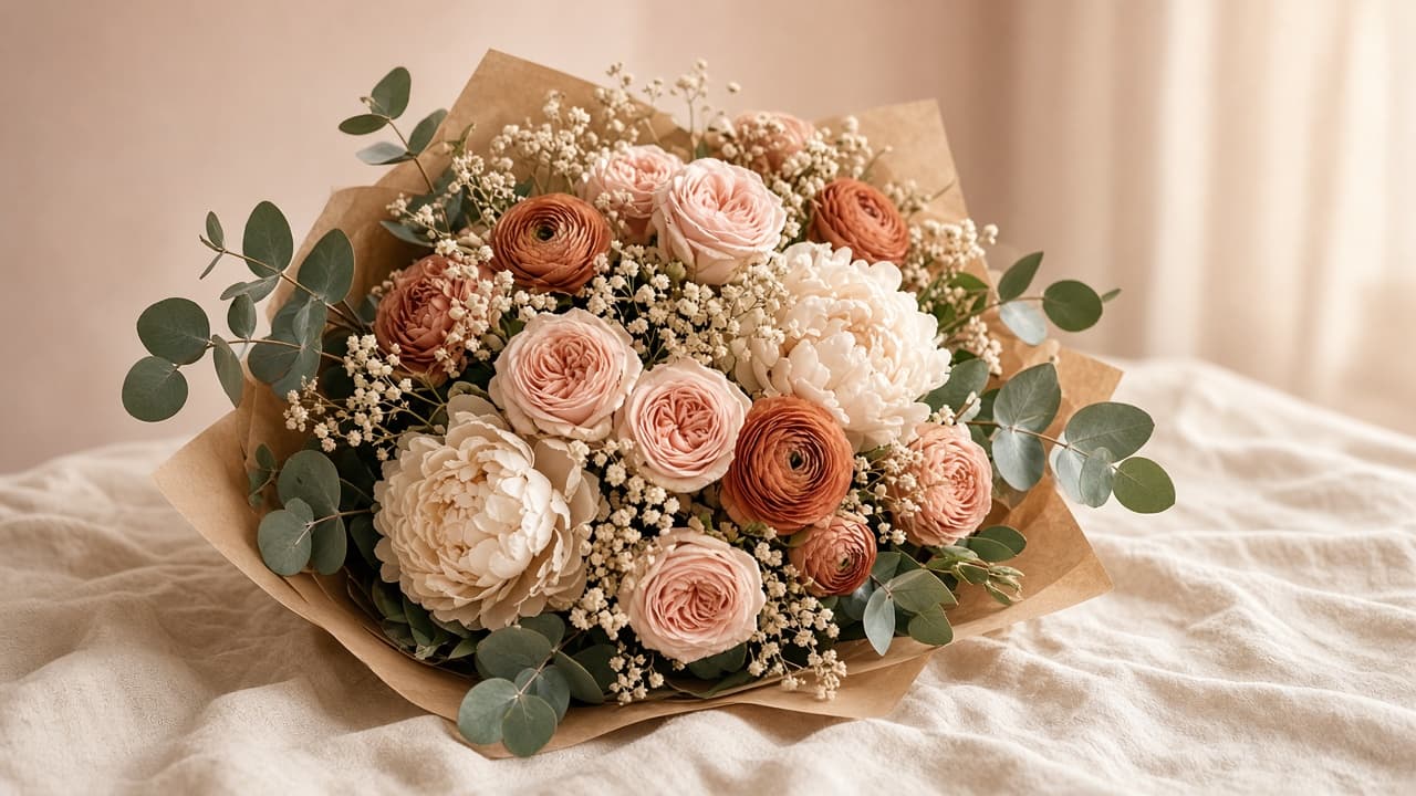 A bouquet of roses and peonies